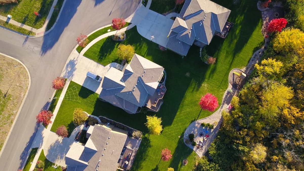 An aerial view of houses.